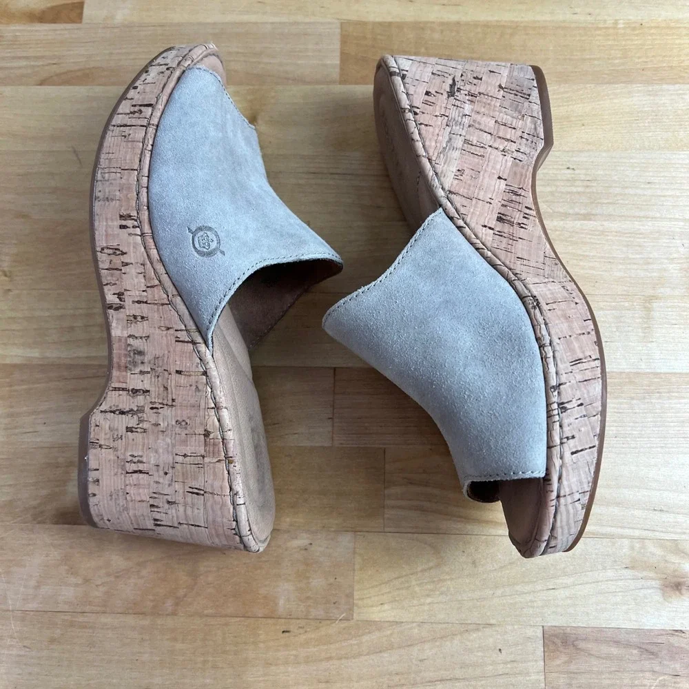 Born Sandals Wedge Lilah Size 7 Taupe Suede Open Toe Cork Platform Slide Slip On